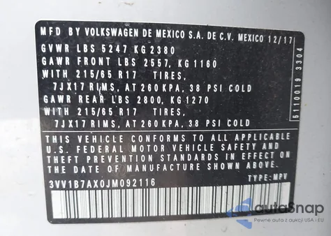 2018 Volkswagen Tiguan 2.0T S from USA, damaged, VIN 3VV1B7AX0JM092116